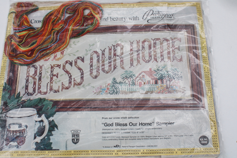 photo of vintage Bless Our Home house blessing cross stitch embroidery kit stamped linen w/ floss #1