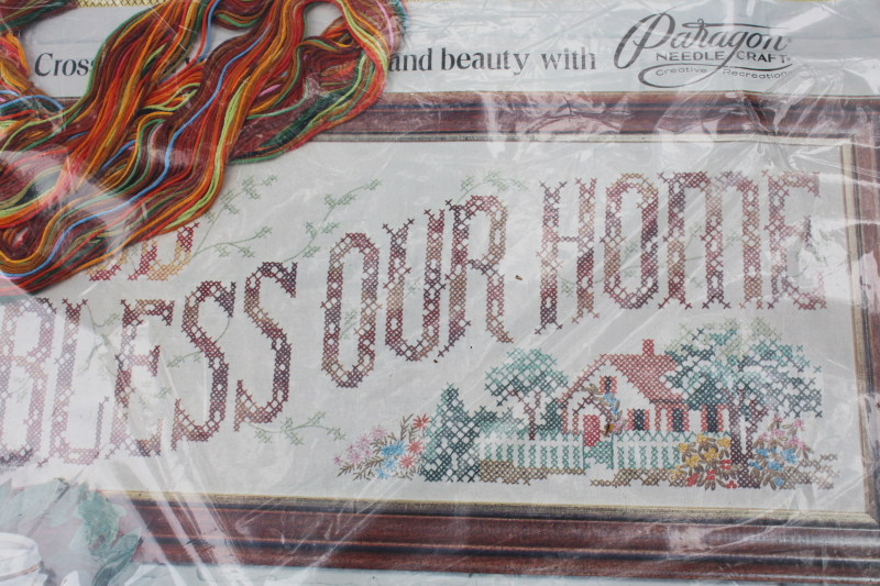 photo of vintage Bless Our Home house blessing cross stitch embroidery kit stamped linen w/ floss #3