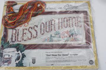 catalog photo of vintage Bless Our Home house blessing cross stitch embroidery kit stamped linen w/ floss