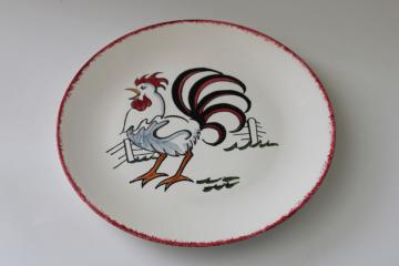 catalog photo of vintage Blue Ridge pottery Rooster hand painted dinner plate, hard to find black & red chicken 