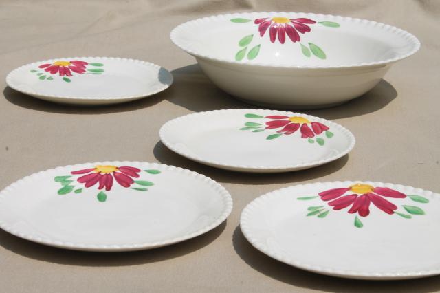 photo of vintage Blue Ridge pottery pie crust edge salad bowl & plates w/ hand-painted red flower #1