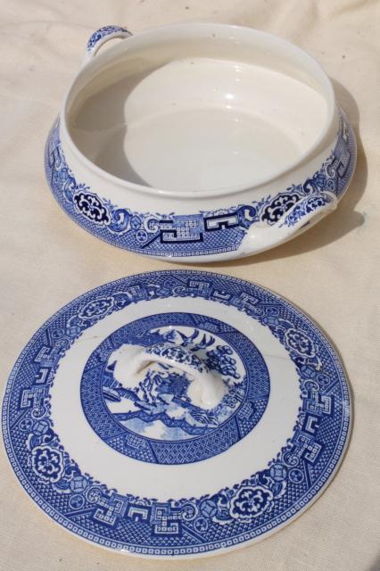 photo of vintage Blue Willow china covered vegetable bowl serving dish, John Steventon - England #4