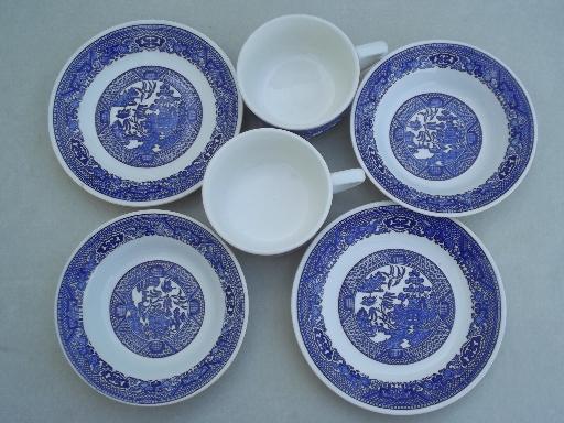 photo of vintage Blue Willow china cups & saucers, bowls - breakfast set for 2 #2