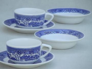 catalog photo of vintage Blue Willow china cups & saucers, bowls - breakfast set for 2