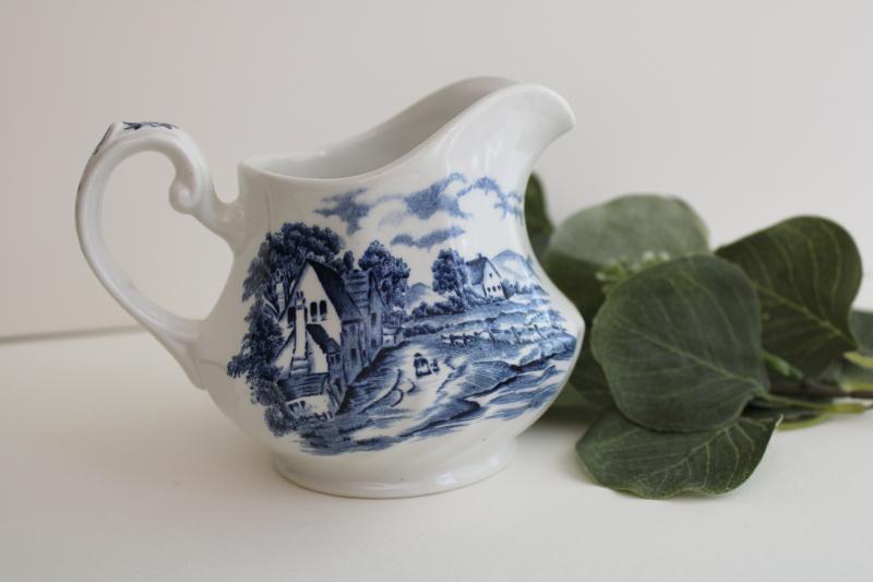 photo of vintage Bluebrook Staffordshire china cream pitcher blue & white transferware #1