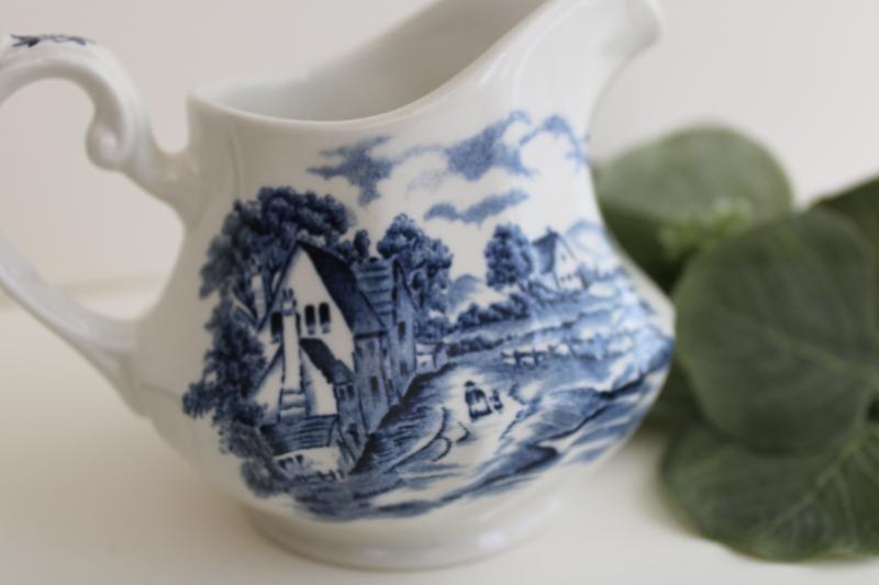 photo of vintage Bluebrook Staffordshire china cream pitcher blue & white transferware #2