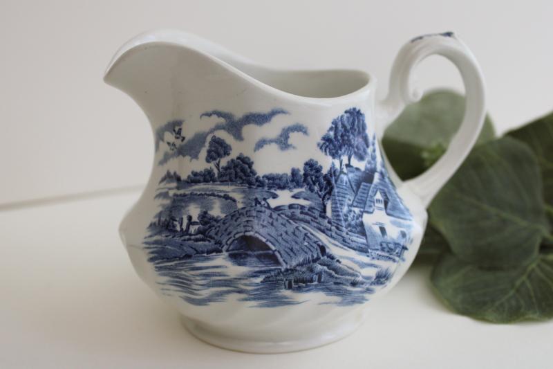 photo of vintage Bluebrook Staffordshire china cream pitcher blue & white transferware #4