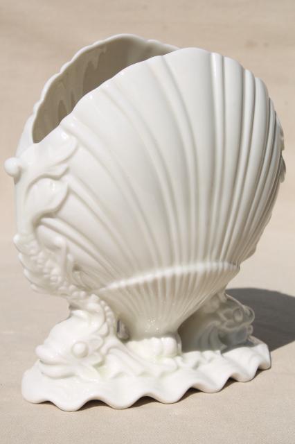 photo of vintage Boehm dolphins & shell white porcelain vase, pure white china seashell scallop #1