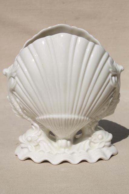 photo of vintage Boehm dolphins & shell white porcelain vase, pure white china seashell scallop #3