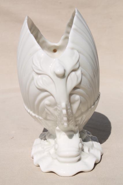 photo of vintage Boehm dolphins & shell white porcelain vase, pure white china seashell scallop #4