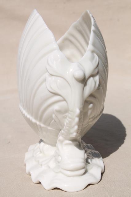 photo of vintage Boehm dolphins & shell white porcelain vase, pure white china seashell scallop #6