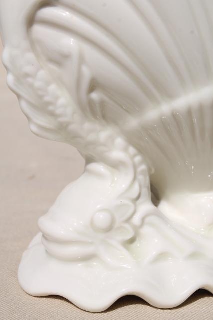 photo of vintage Boehm dolphins & shell white porcelain vase, pure white china seashell scallop #8