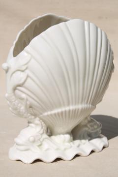 catalog photo of vintage Boehm dolphins & shell white porcelain vase, pure white china seashell scallop