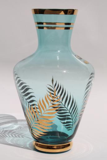 photo of vintage Bohemia crystal fern vase, aqua blue art glass jar w/ ferns in gold #1