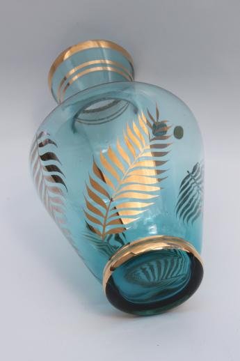 photo of vintage Bohemia crystal fern vase, aqua blue art glass jar w/ ferns in gold #7