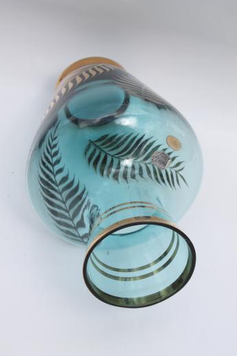 photo of vintage Bohemia crystal fern vase, aqua blue art glass jar w/ ferns in gold #8