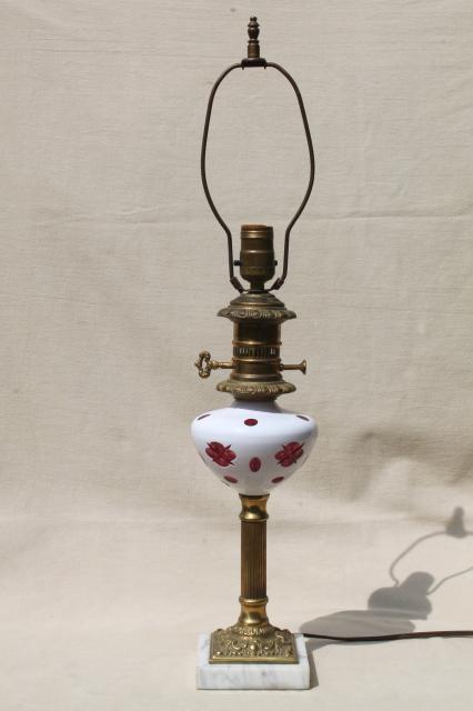 photo of vintage Bohemian crystal cut to cranberry glass milk glass cased overlay table lamp #1