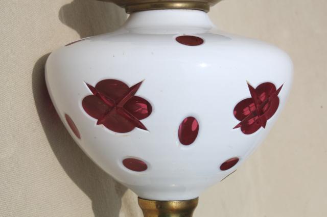 photo of vintage Bohemian crystal cut to cranberry glass milk glass cased overlay table lamp #2