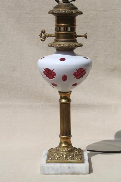 photo of vintage Bohemian crystal cut to cranberry glass milk glass cased overlay table lamp #5