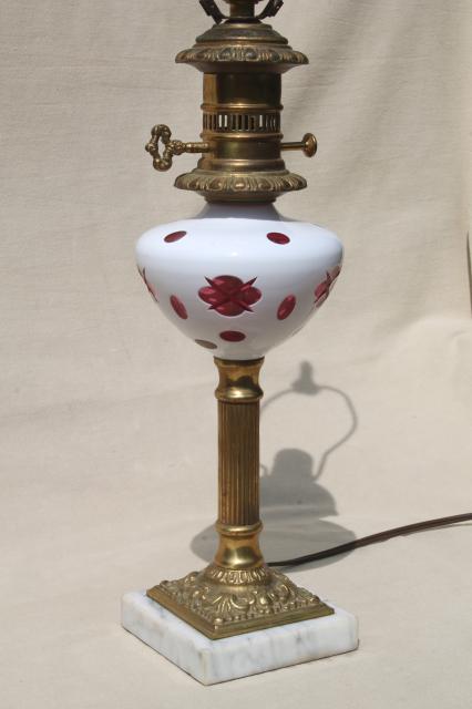 photo of vintage Bohemian crystal cut to cranberry glass milk glass cased overlay table lamp #6