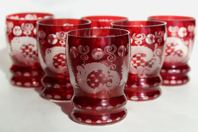 photo of vintage Bohemian glass tumblers, ruby cut to clear crystal set of 6 glasses #2