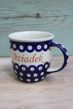 catalog photo of vintage Boleslawiec Polish pottery mug, Dziadek (Grandpa) hand painted coffee cup