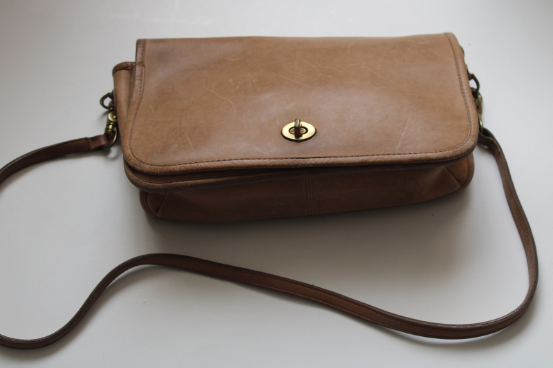 photo of vintage Bonnie Cashin Coach 9755 leather purse, putty brown long strap shoulder bag #1