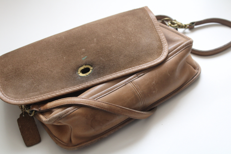 photo of vintage Bonnie Cashin Coach 9755 leather purse, putty brown long strap shoulder bag #9