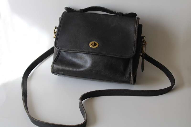 photo of vintage Bonnie Cashin Coach Court bag, black leather top handle purse, long strap shoulder bag #1