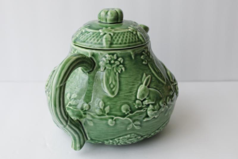 photo of vintage Bordallo Pinheiro Portugal pottery rabbits pattern cabbage green teapot #3