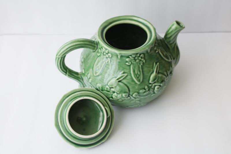 photo of vintage Bordallo Pinheiro Portugal pottery rabbits pattern cabbage green teapot #4