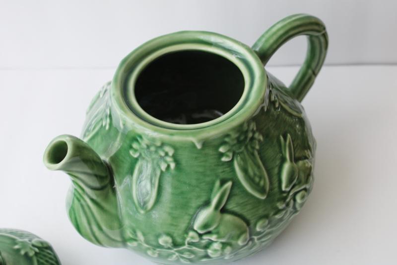 photo of vintage Bordallo Pinheiro Portugal pottery rabbits pattern cabbage green teapot #6