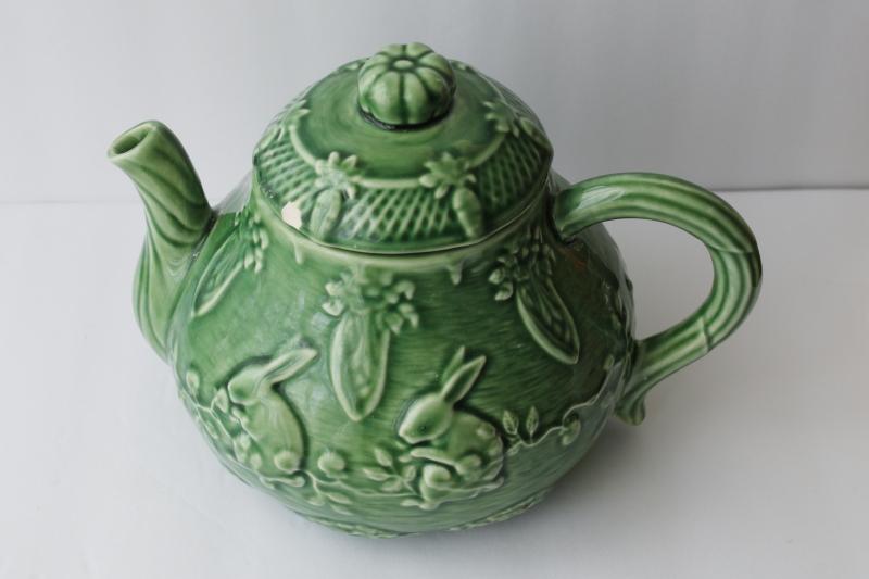 photo of vintage Bordallo Pinheiro Portugal pottery rabbits pattern cabbage green teapot #7
