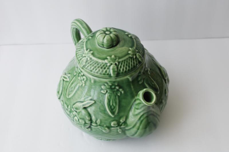 photo of vintage Bordallo Pinheiro Portugal pottery rabbits pattern cabbage green teapot #8