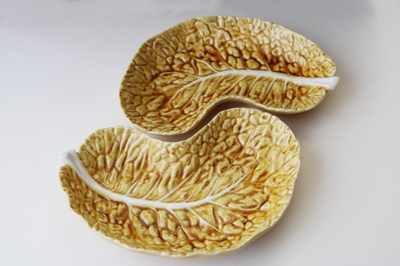 photo of vintage Bordallo Pinheiro pottery, honey gold cabbage leaf crescent side plates  #1