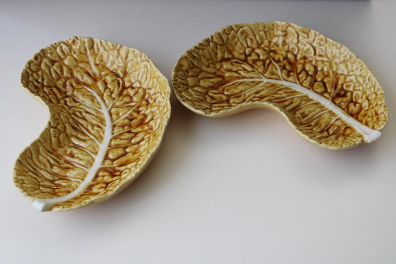 photo of vintage Bordallo Pinheiro pottery, honey gold cabbage leaf crescent side plates  #2