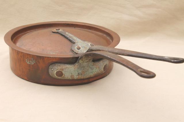 photo of vintage Bramhall Deane large heavy copper french saute pan w/ lid, forged iron handles #1