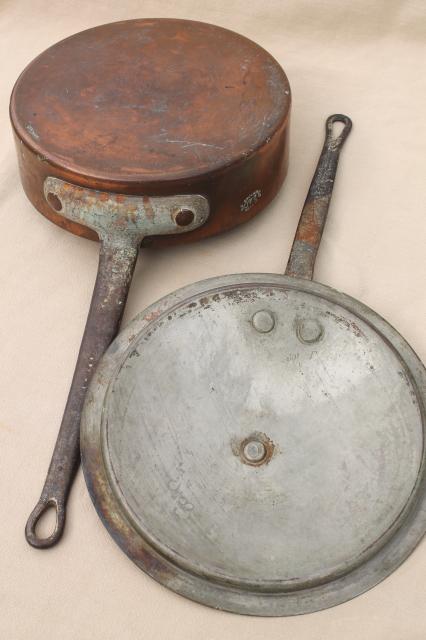 photo of vintage Bramhall Deane large heavy copper french saute pan w/ lid, forged iron handles #2