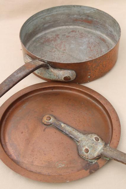 photo of vintage Bramhall Deane large heavy copper french saute pan w/ lid, forged iron handles #3