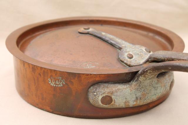 photo of vintage Bramhall Deane large heavy copper french saute pan w/ lid, forged iron handles #7