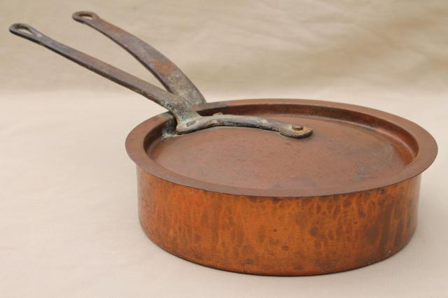 photo of vintage Bramhall Deane large heavy copper french saute pan w/ lid, forged iron handles #8