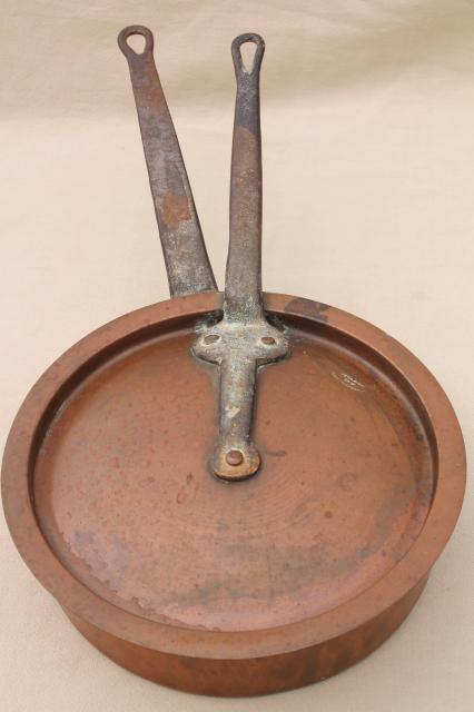 photo of vintage Bramhall Deane large heavy copper french saute pan w/ lid, forged iron handles #9