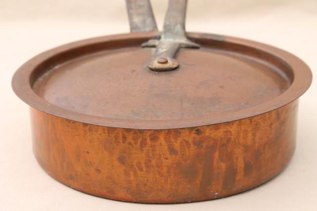 photo of vintage Bramhall Deane large heavy copper french saute pan w/ lid, forged iron handles #10