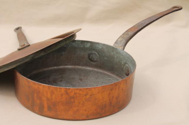 photo of vintage Bramhall Deane large heavy copper french saute pan w/ lid, forged iron handles #11