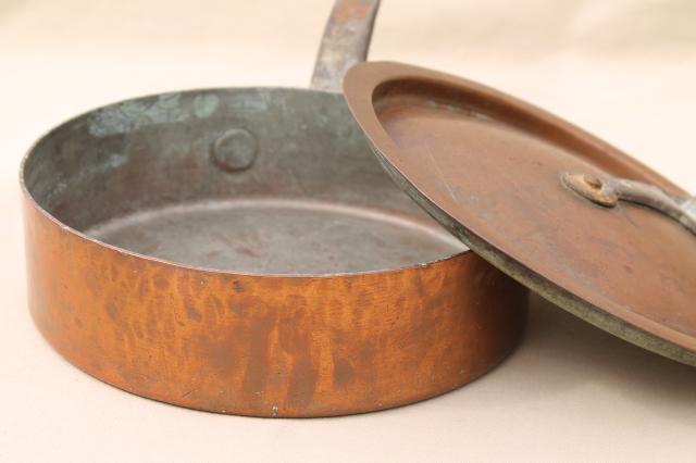 photo of vintage Bramhall Deane large heavy copper french saute pan w/ lid, forged iron handles #12
