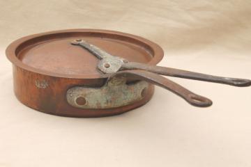 catalog photo of vintage Bramhall Deane large heavy copper french saute pan w/ lid, forged iron handles
