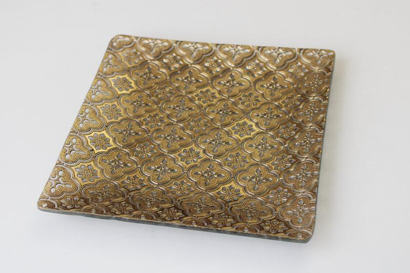 photo of vintage Briard Iberia heavy gold brocade pattern glass, mod square tray or plate #1