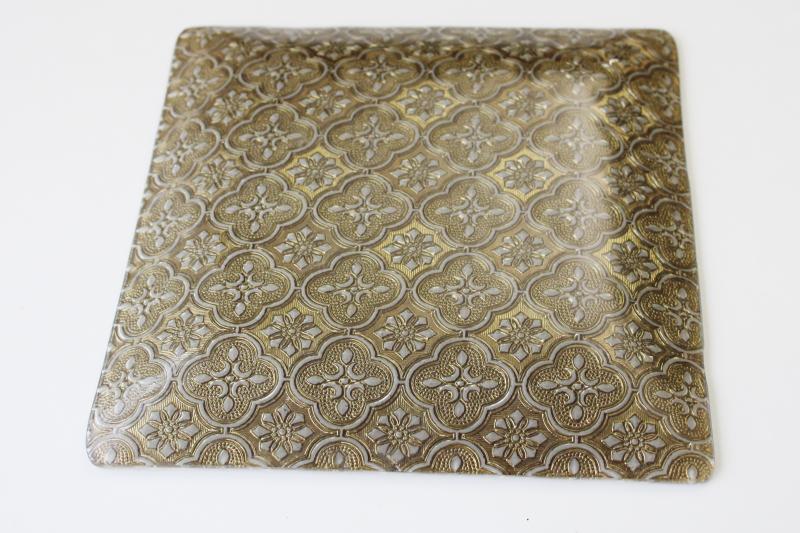 photo of vintage Briard Iberia heavy gold brocade pattern glass, mod square tray or plate #4