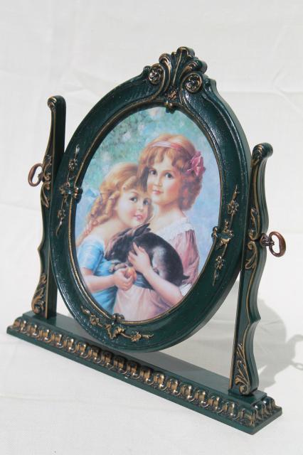 photo of vintage British patent stand & frame w/ Victorian print, young girls w/ pet rabbit #1