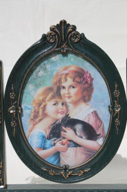 photo of vintage British patent stand & frame w/ Victorian print, young girls w/ pet rabbit #5